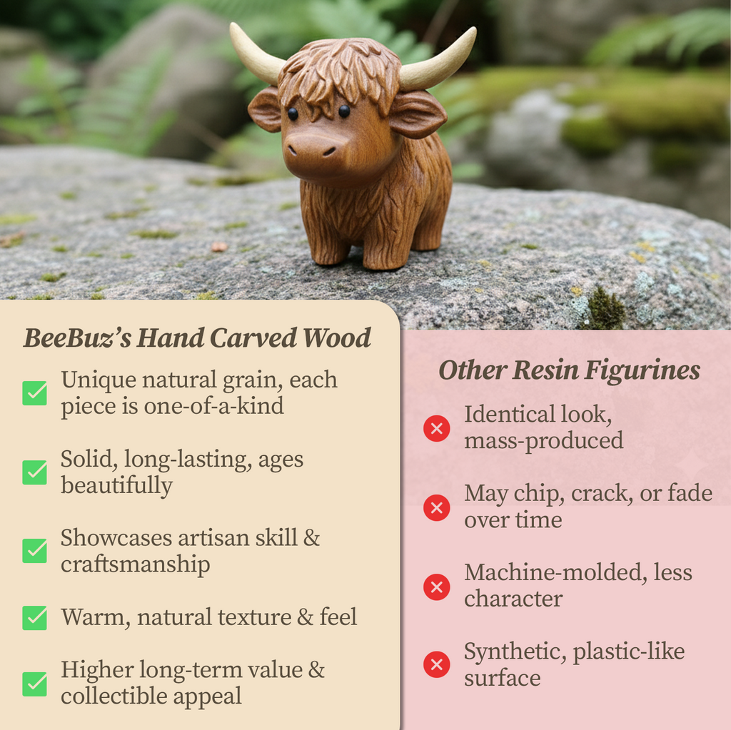 BeeRusty™ - Hand-Carved Wooden Highland Cow Figurine