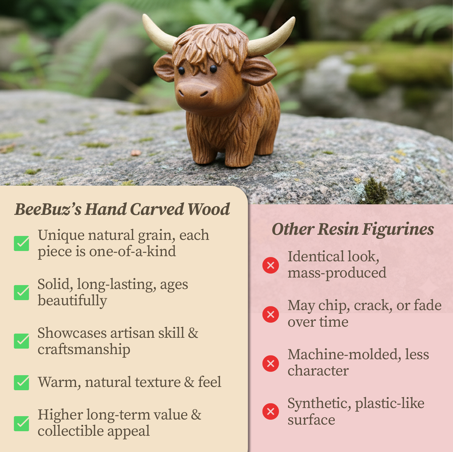 BeeRusty™ - Hand-Carved Wooden Highland Cow Figurine