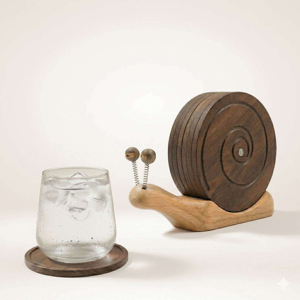 Snail Magnetic Wooden Coasters with Holder - Set of 6
