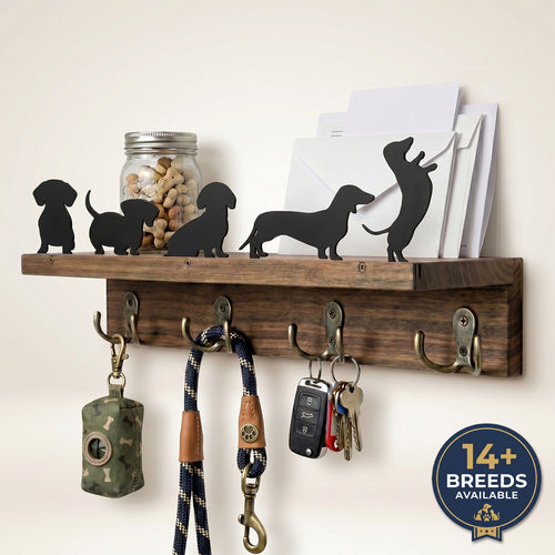 Wall mounted key holder with Dachshund dog silhouette, walnut shelf holding a mason jar and envelopes, leash and keys hanging on steel hooks below
