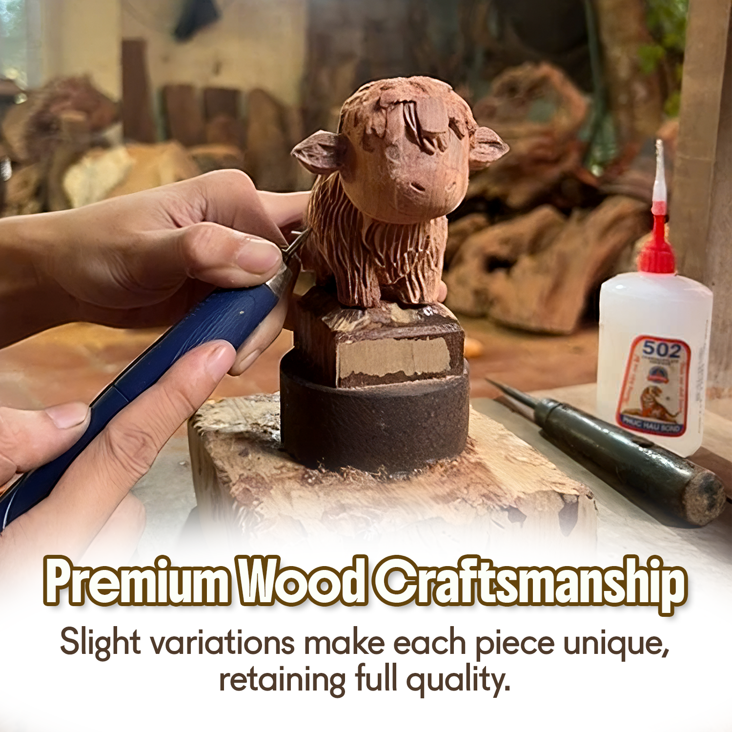 BeeRusty™ - Hand-Carved Wooden Highland Cow Figurine