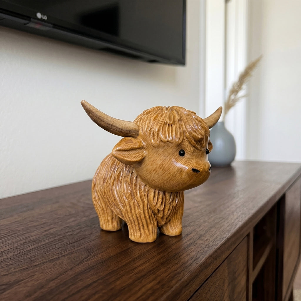 Highland Cow Figurine - Hand-carved Wooden Animal Figurine