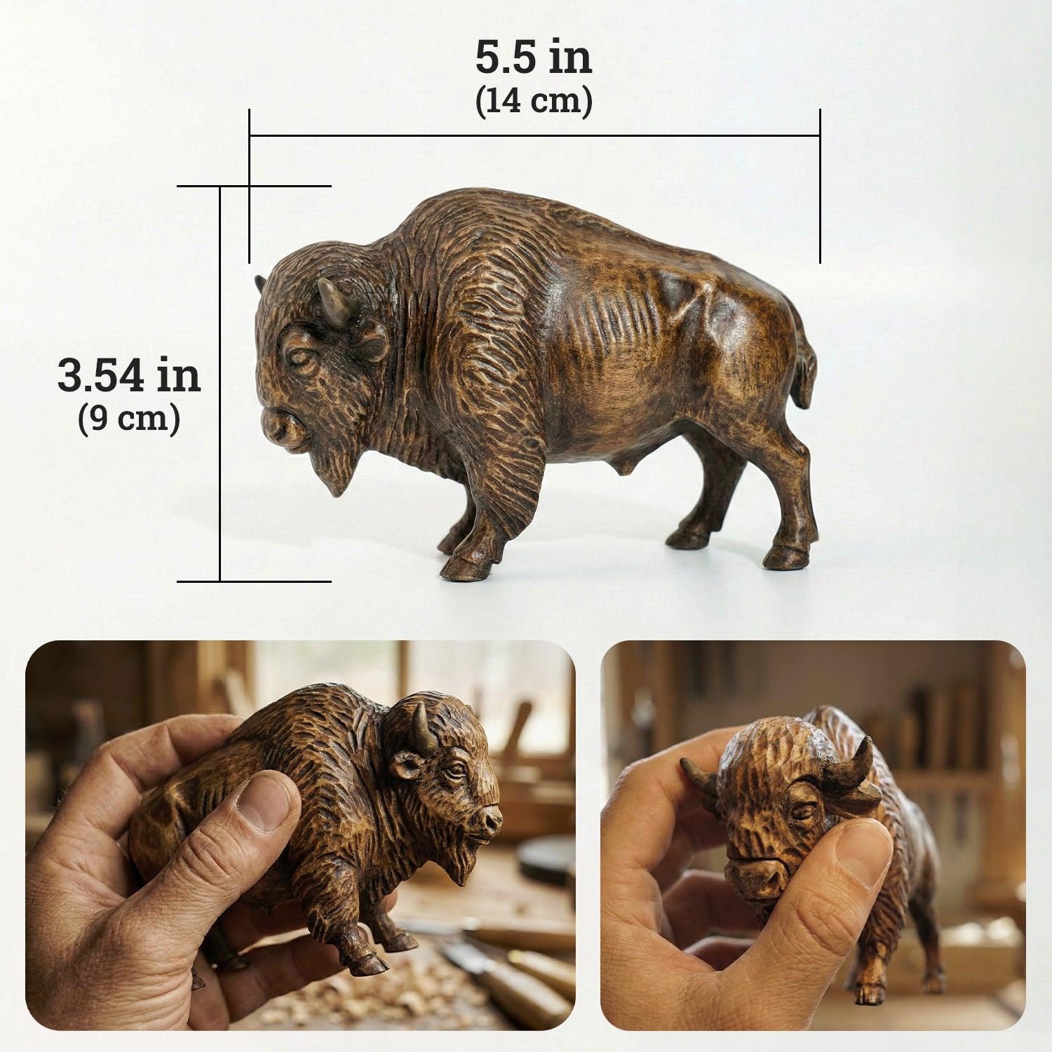 Hand Carved Wooden Bison Figurine - Rustic Western Decor & Buffalo Statue - Solid Wood American Buffalo Sculpture - Western Home Accents Gift for Men