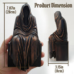 Wooden Grim Reaper figurine with product dimension label showing 3.15 inches (8cm) height