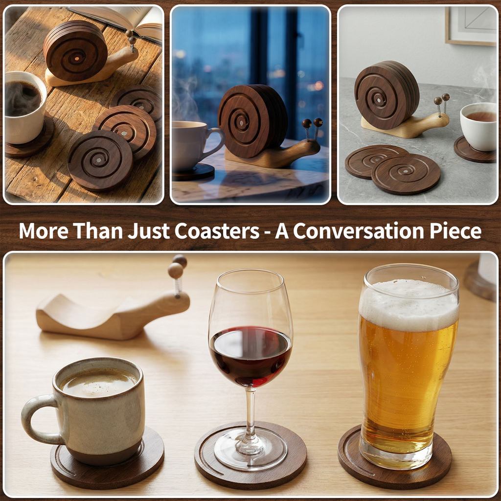 Snail Magnetic Wooden Coasters with Holder - Set of 6