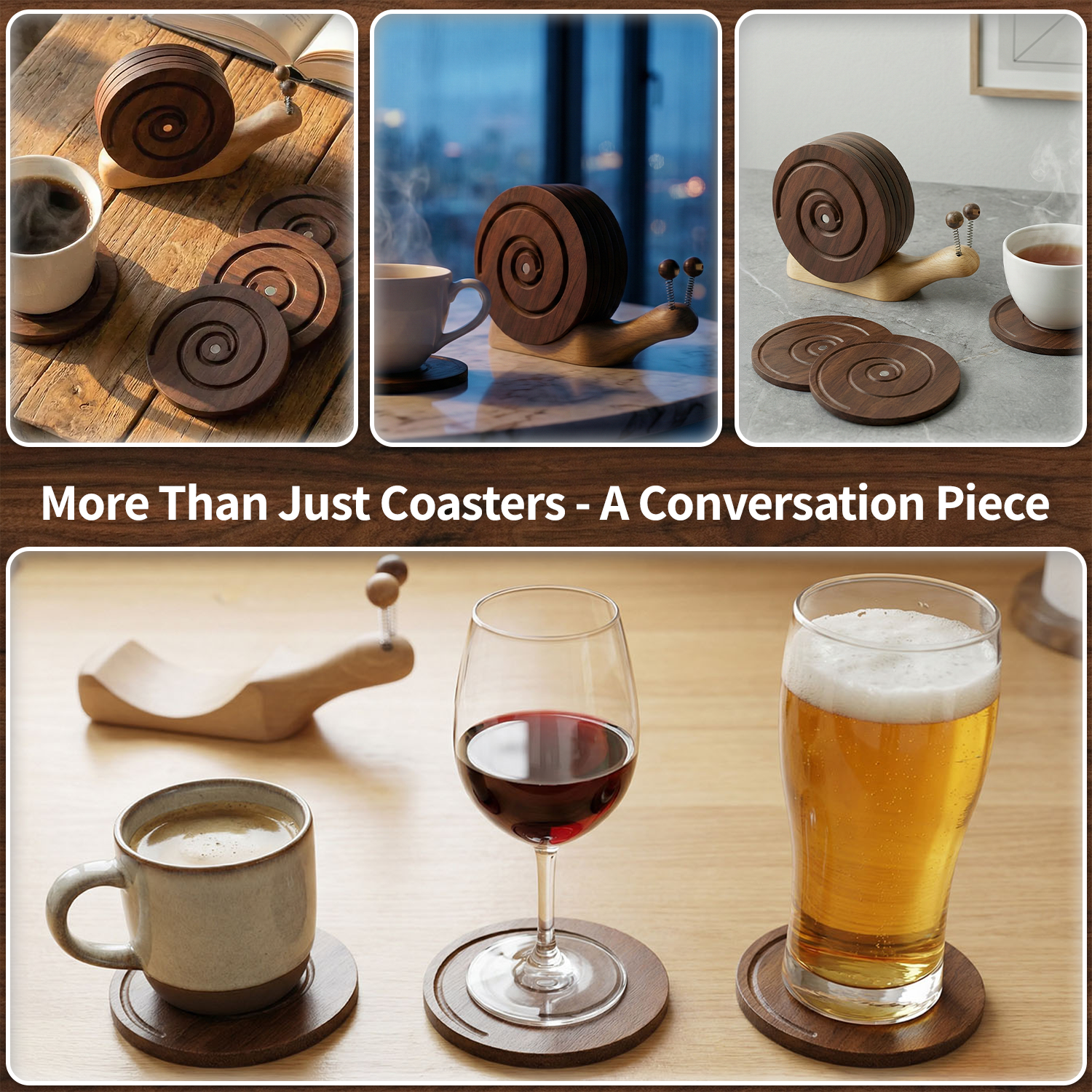 Snail Magnetic Wooden Coasters with Holder - Set of 6