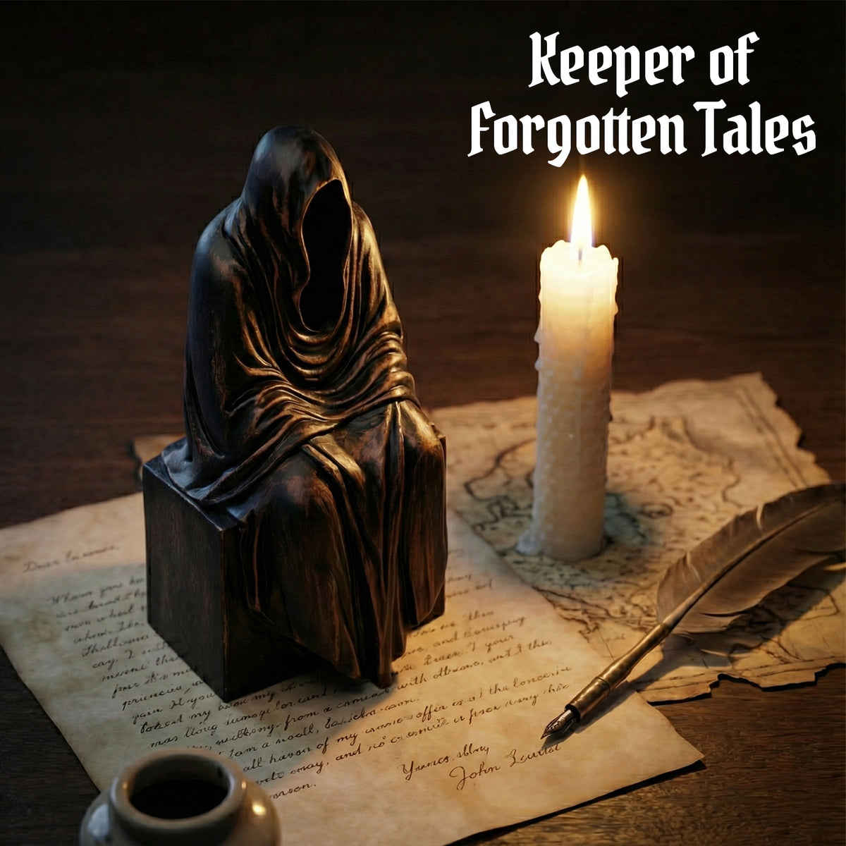 Wooden Grim Reaper figurine displayed next to a lit candle and quill pen on old paper, text reads Keeper of Forgotten Tales