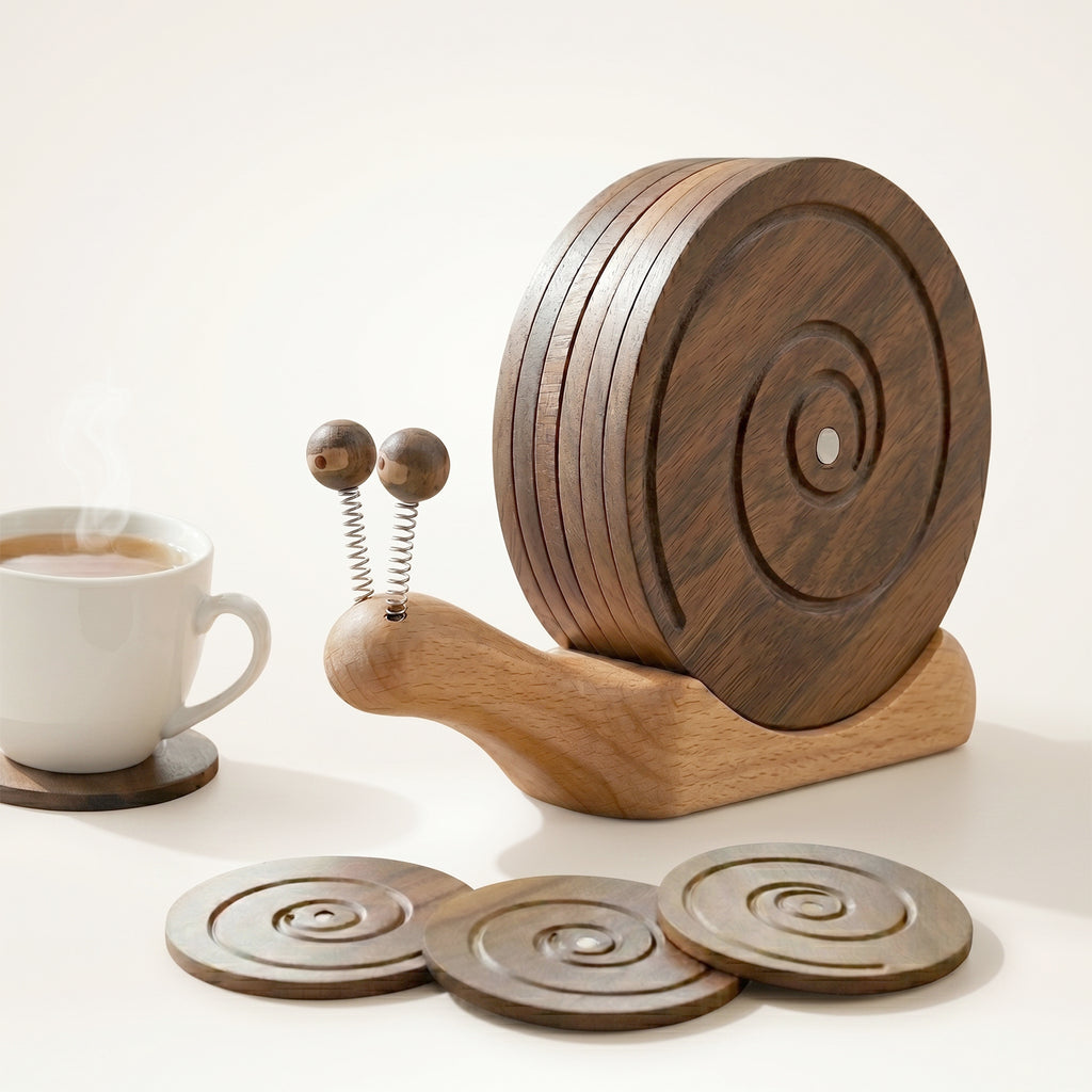 Snail Magnetic Wooden Coasters with Holder - Set of 6
