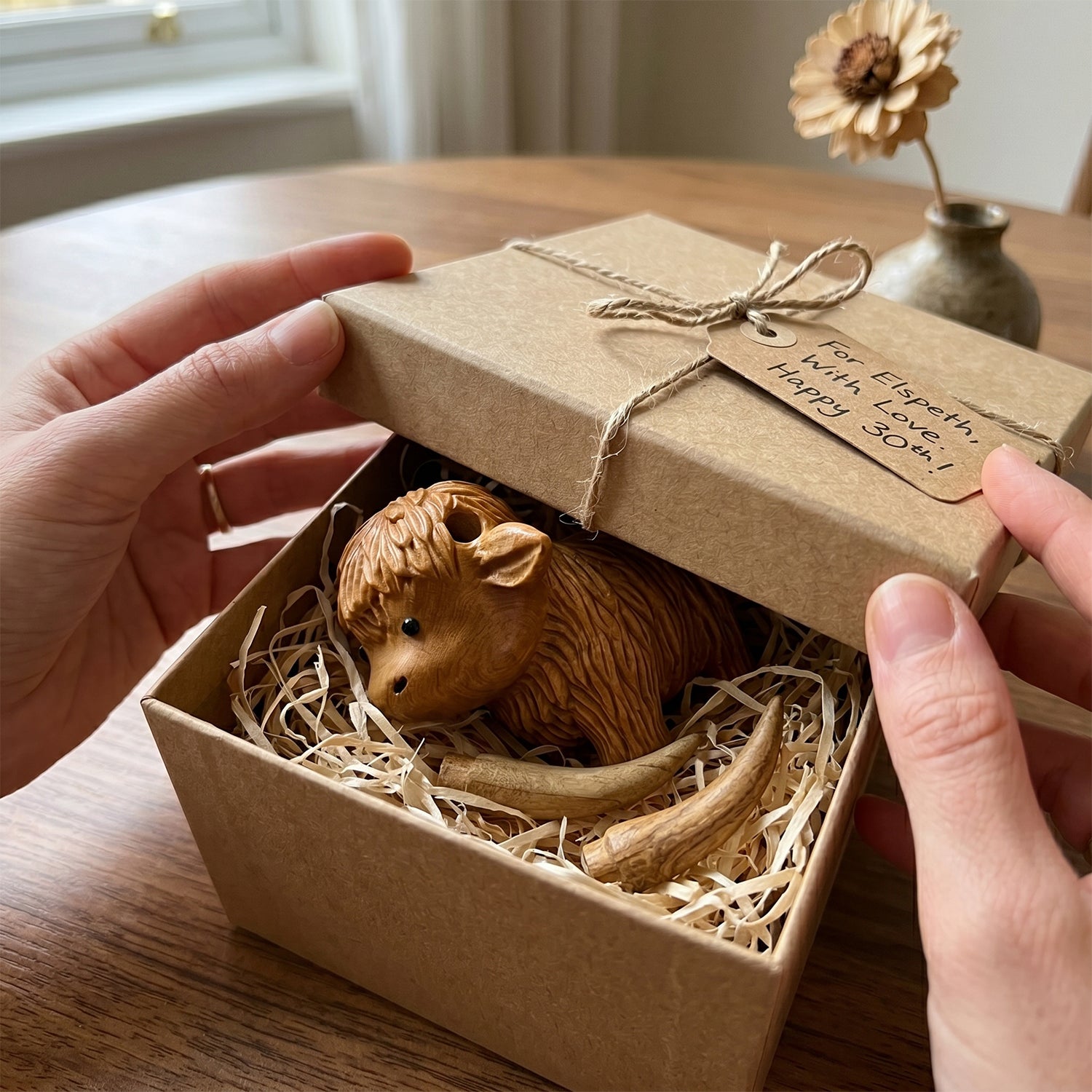 Highland Cow Figurine - Hand-carved Wooden Animal Figurine