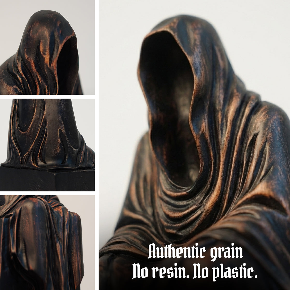 Close-up of the wooden Grim Reaper figurine's dark textured finish, text reads Authentic grain, no resin, no plastic