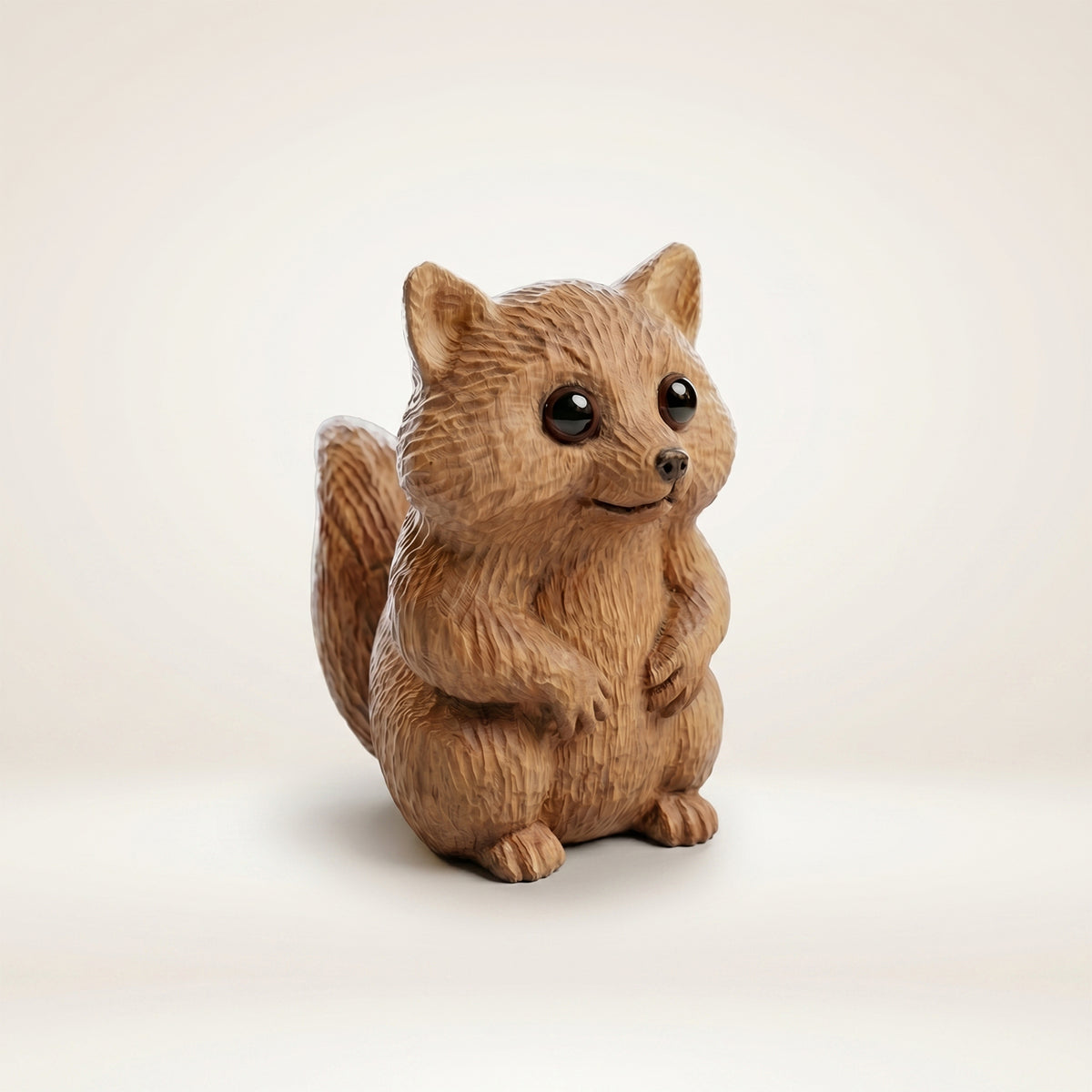 Hand-carved wooden raccoon figurine sitting on a white background