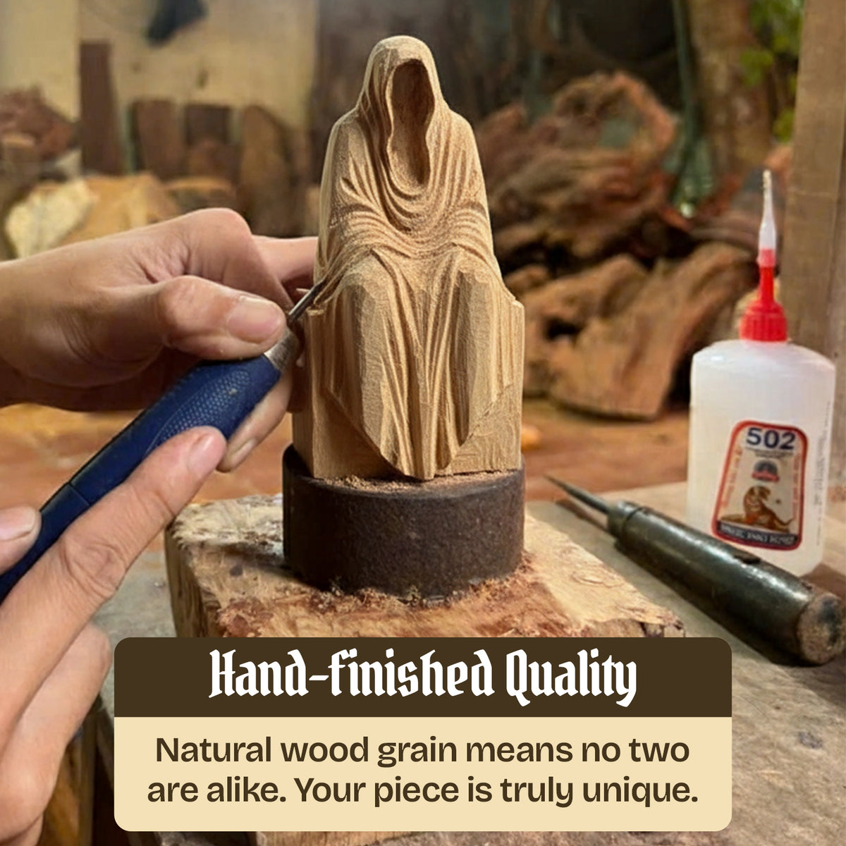 Close-up of a hand carving the wooden Grim Reaper figurine, text reads Hand-Finished Quality, natural wood grain means no two are alike