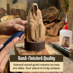 Close-up of a hand carving the wooden Grim Reaper figurine, text reads Hand-Finished Quality, natural wood grain means no two are alike