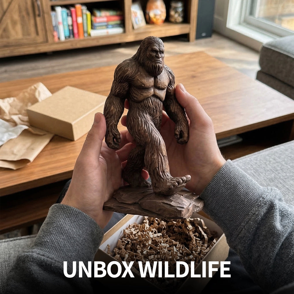 Person holding a wooden bigfoot figurine with 'Unbox Wildlife' branding in a home setting.
