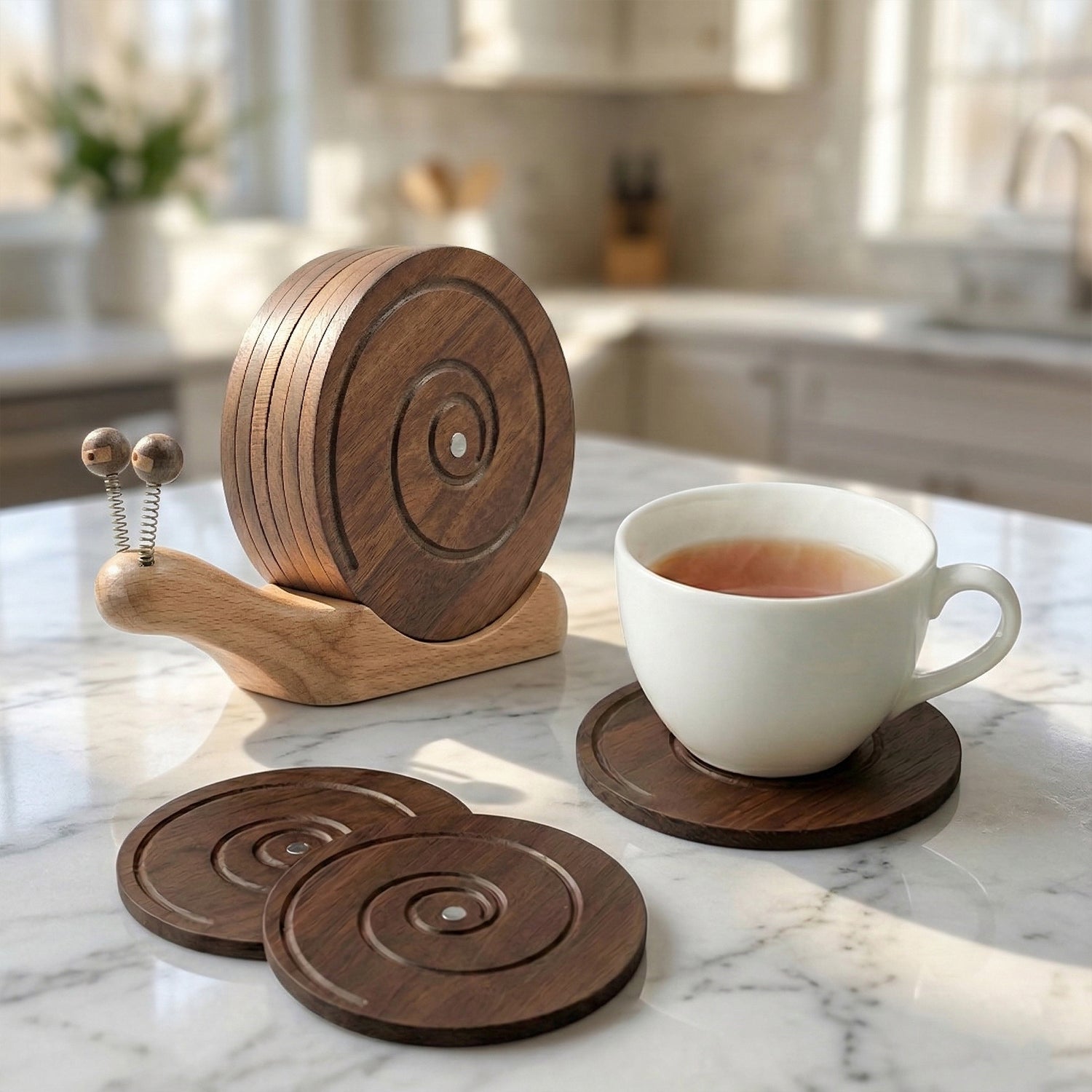 Snail Magnetic Wooden Coasters with Holder - Set of 6