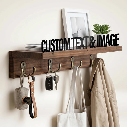 Walnut wall-mounted key holder with metal hooks and shelf, custom laser-cut text and image, coats and bags hanging