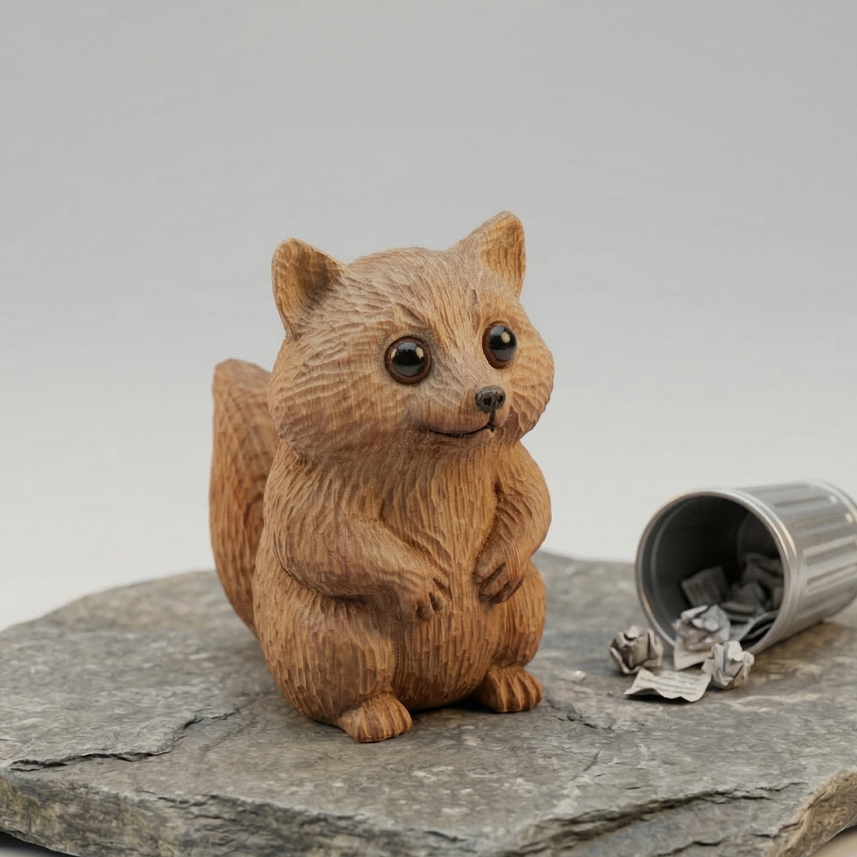 Wooden raccoon figurine on a stone surface beside a small silver charm