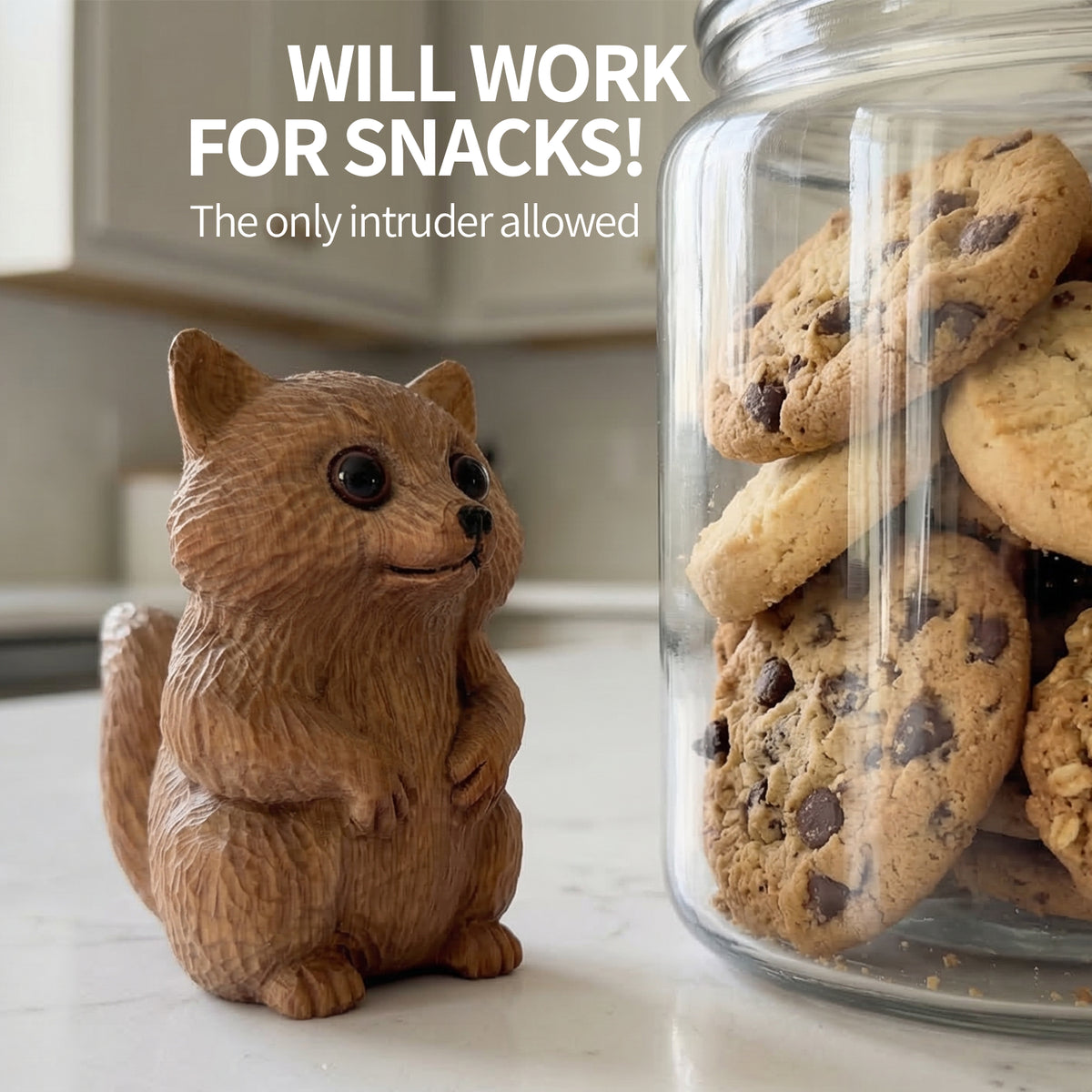 Wooden raccoon figurine beside a jar of chocolate chip cookies, will work for snacks
