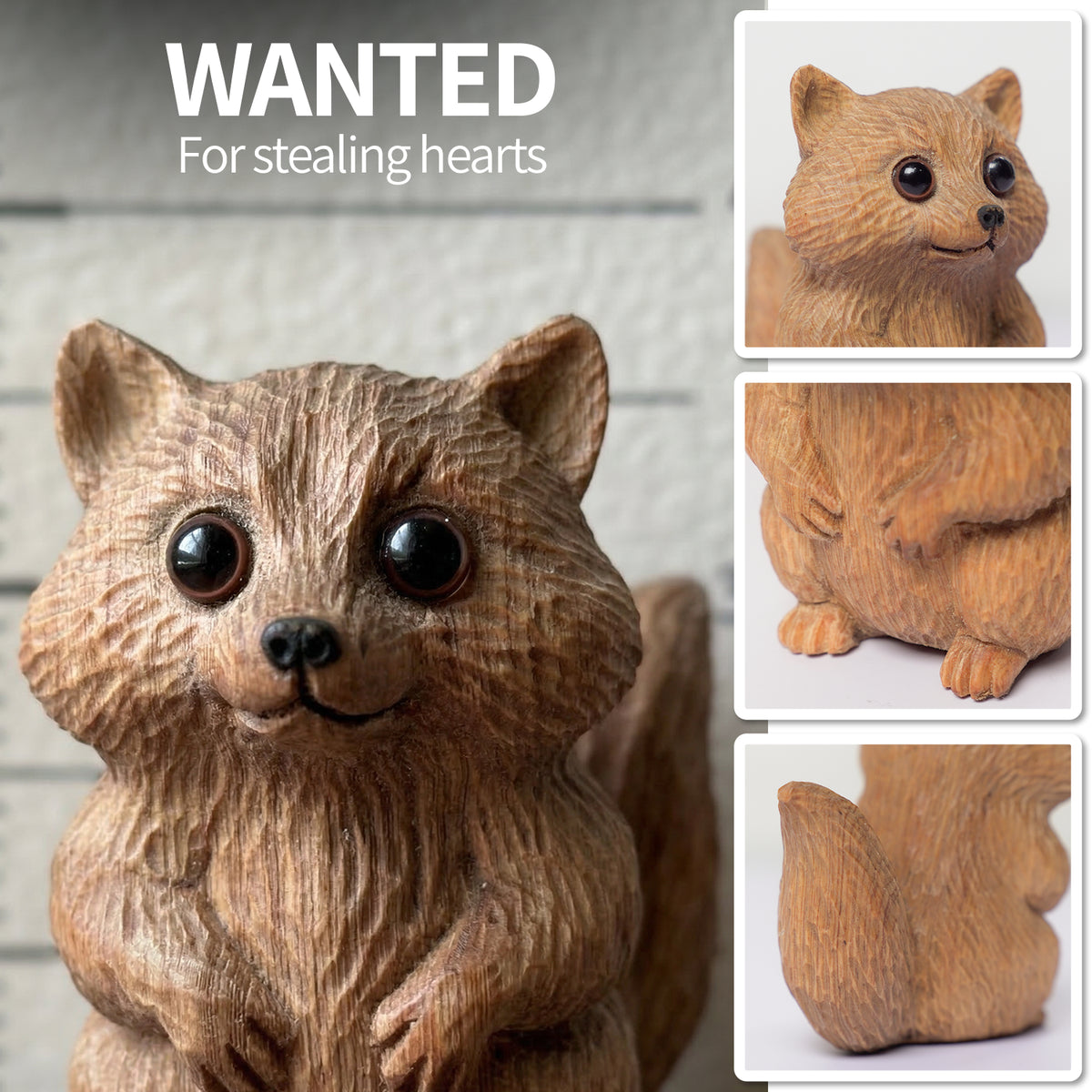 Collage of the wooden raccoon figurine from multiple angles showing carved texture and posture