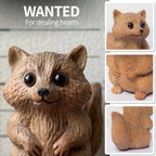Collage of the wooden raccoon figurine from multiple angles showing carved texture and posture