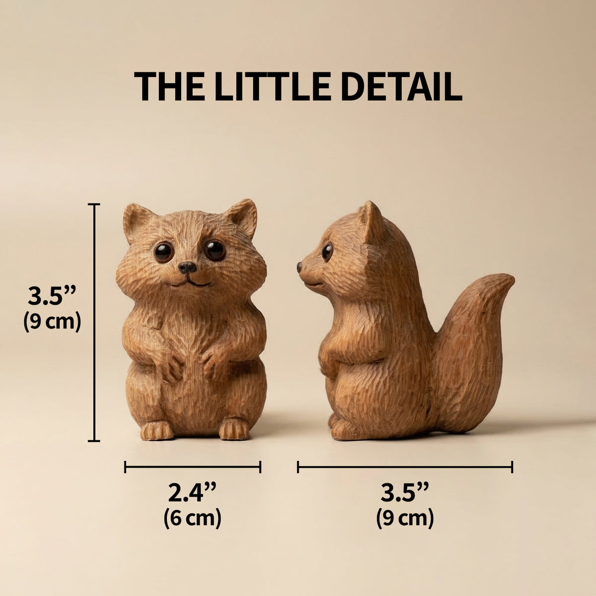 Two wooden raccoon figurines shown side by side with dimensions of 2.4 inches and 3.5 inches labeled