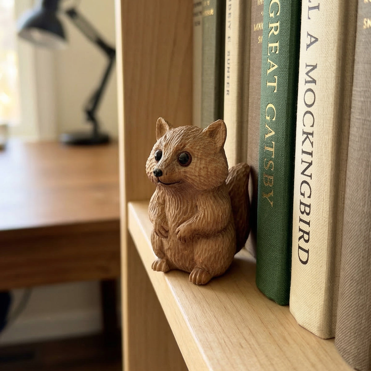 Wooden raccoon figurine displayed on a bookshelf between books
