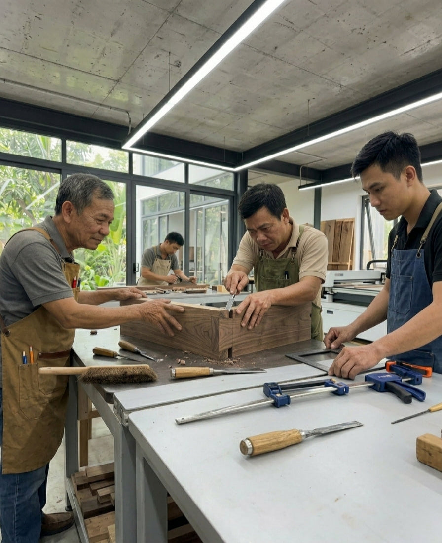 Three men working on a woodworking project in a workshop.