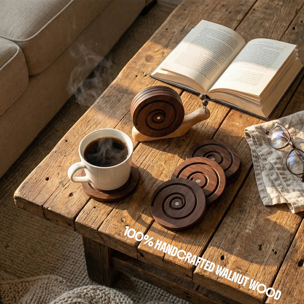 BeeRusty magnetic snail coasters made from 100% handcrafted walnut wood, displayed on a rustic coffee table next to a book and glasses. A cozy decor setup for reading lovers