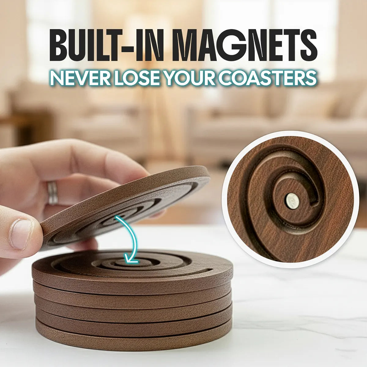 Close-up demonstrating the magnetic feature of BeeRusty wooden snail coasters. An inset shows the embedded magnet within the spiral groove. Text 'Built-in Magnets Never Lose Your Coasters' highlights the smart storage solution.