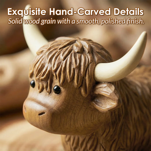 Close-up of BeeRusty wooden Highland Cow face highlighting exquisite hand-carved details and solid wood grain texture with a smooth finish