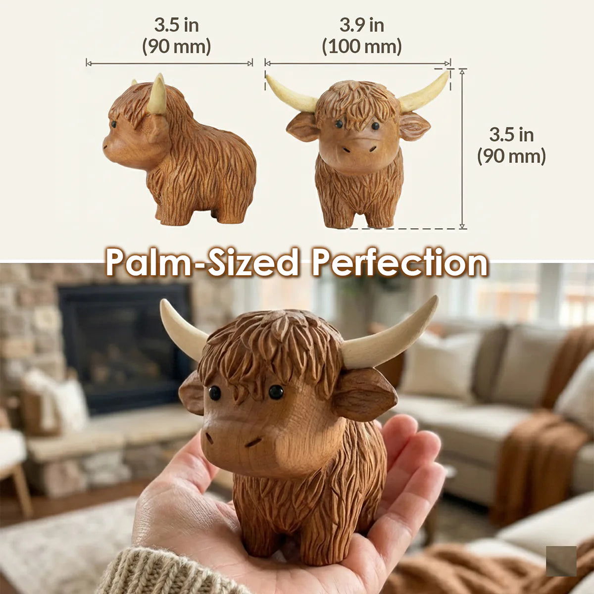 Infographic showing dimensions of BeeRusty wooden Highland Cow (approx. 3.5 inches tall and 3.9 inches long). Below, a hand holds the 'Palm-Sized Perfection' figurine to illustrate its small, cute scale in a cozy setting