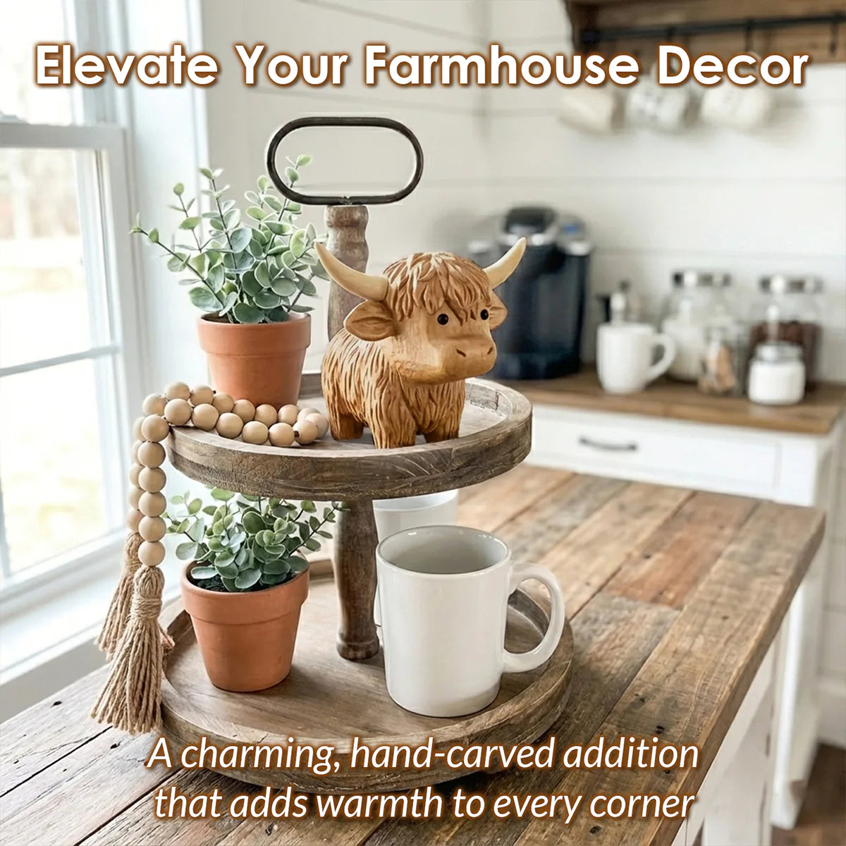 BeeRusty wooden Highland Cow figurine styled on a rustic tiered tray with beads and greenery to elevate your farmhouse decor. A charming hand-carved addition that adds warmth