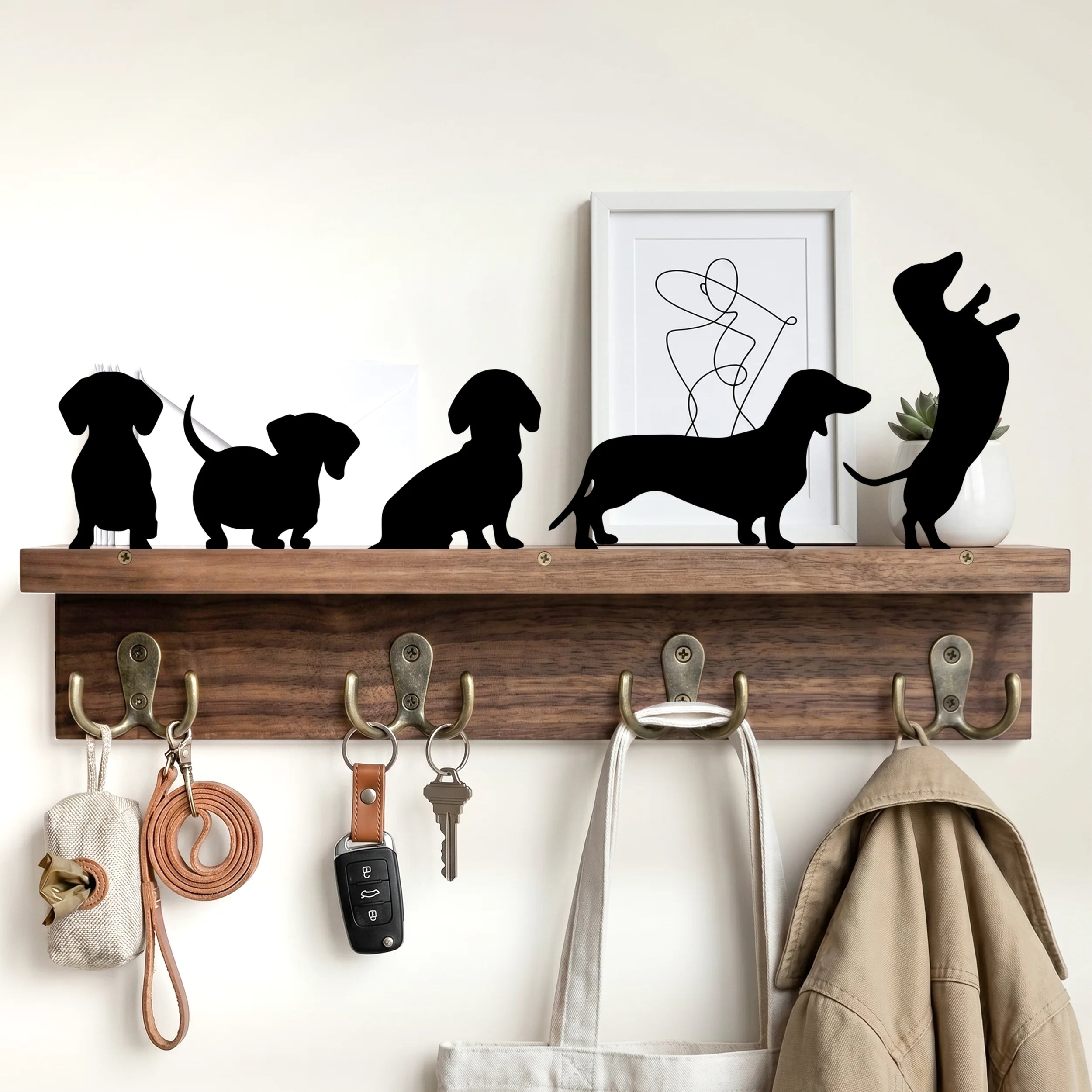 Custom Metal Art Key Holder - Walnut Entryway Organizer & Wooden Coat Rack Wall with Shelf