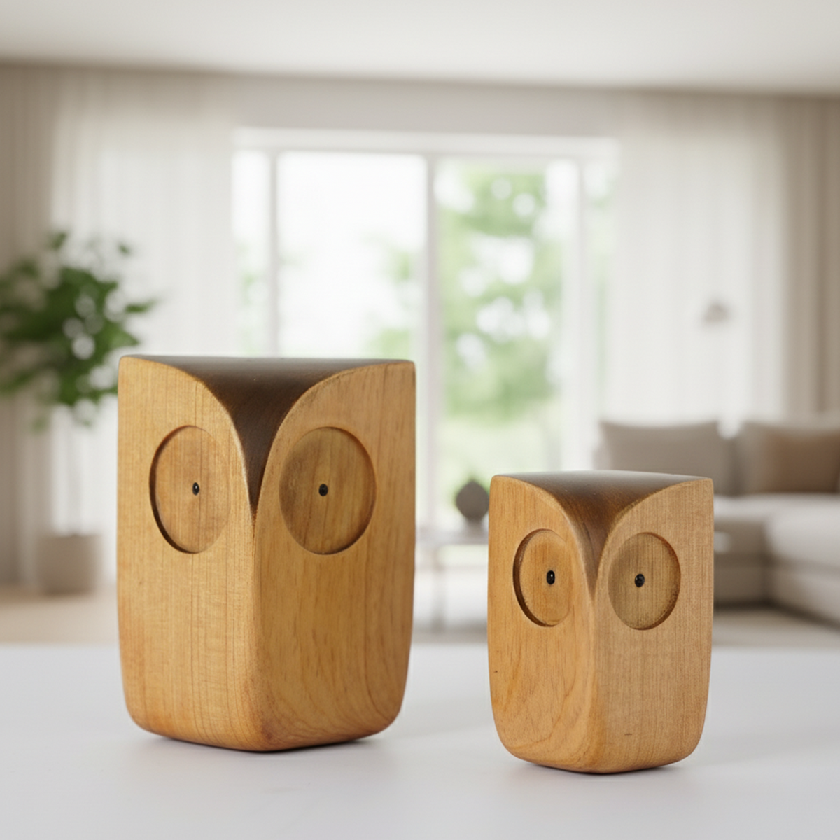 Two wooden owl figurines, big and small, displayed on a shelf in a living room