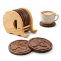 Hand-carved elephant wooden coaster holder with six engraved walnut coasters