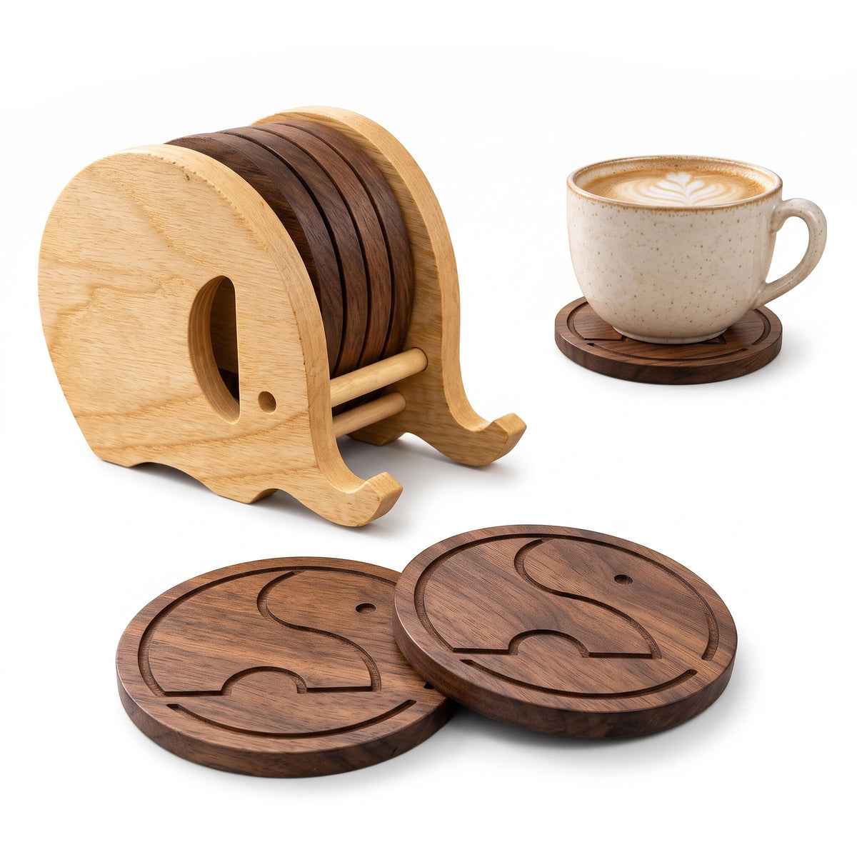 Hand-carved elephant wooden coaster holder with six engraved walnut coasters