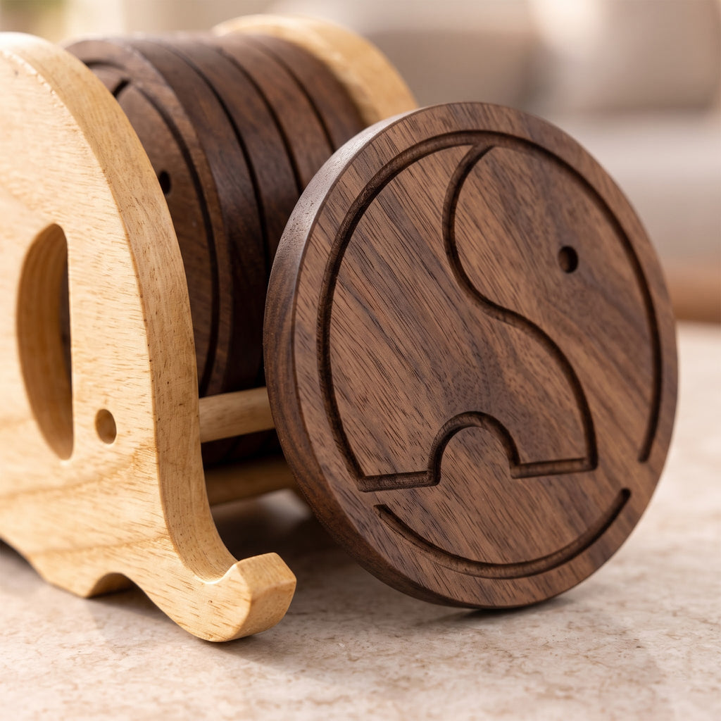 Macro detail of hand-carved elephant coaster grain and dowel joint
