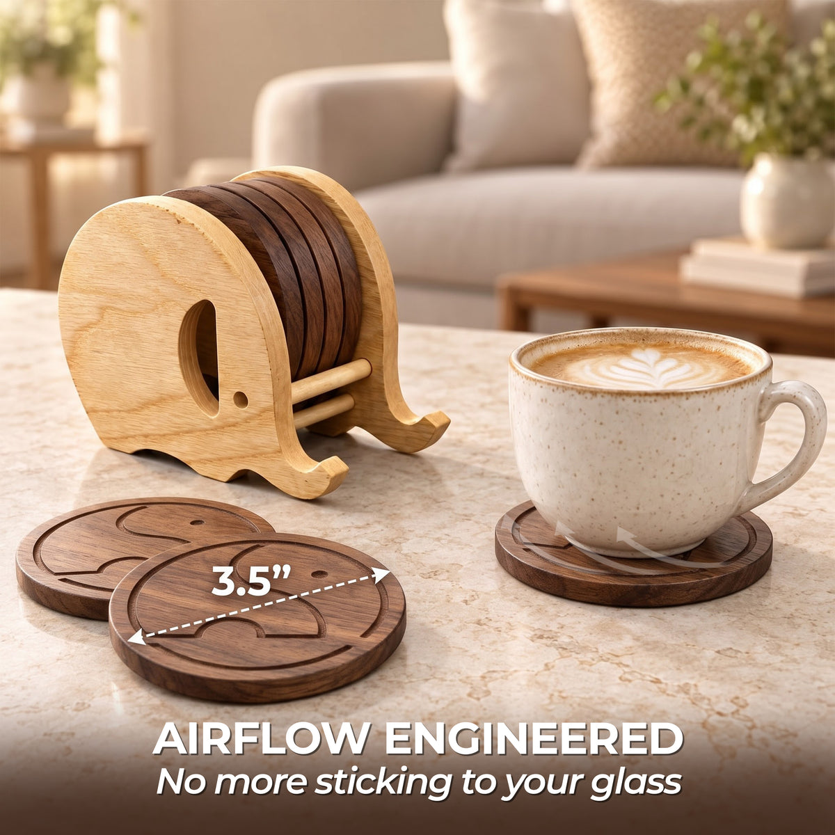 Elephant wooden coaster set with 3.5 inch size callout