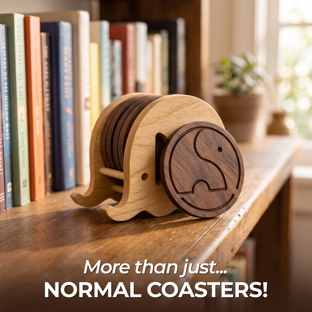 Elephant wooden coaster holder displayed on a bookshelf