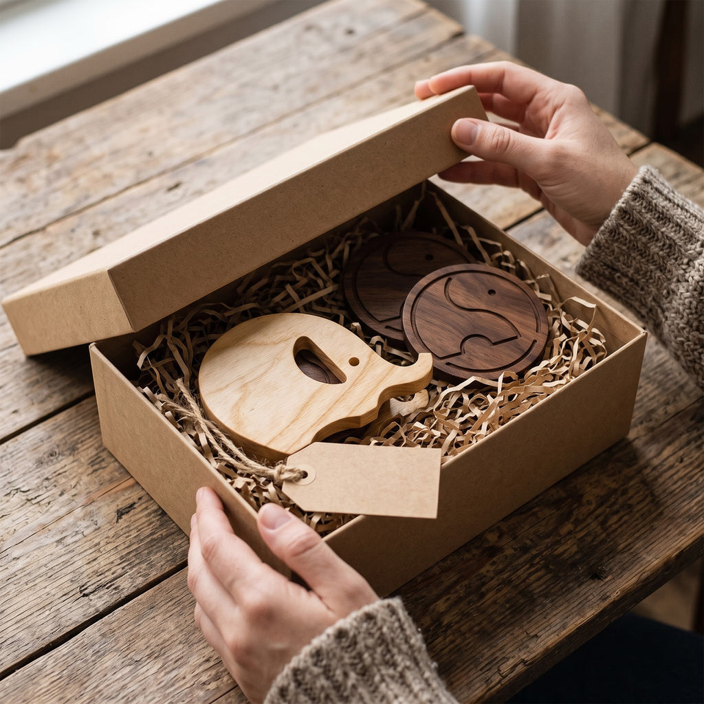 Elephant wooden coaster set packaged as a gift in a kraft box