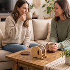 Two women chatting in a living room with the elephant coaster set on the coffee table