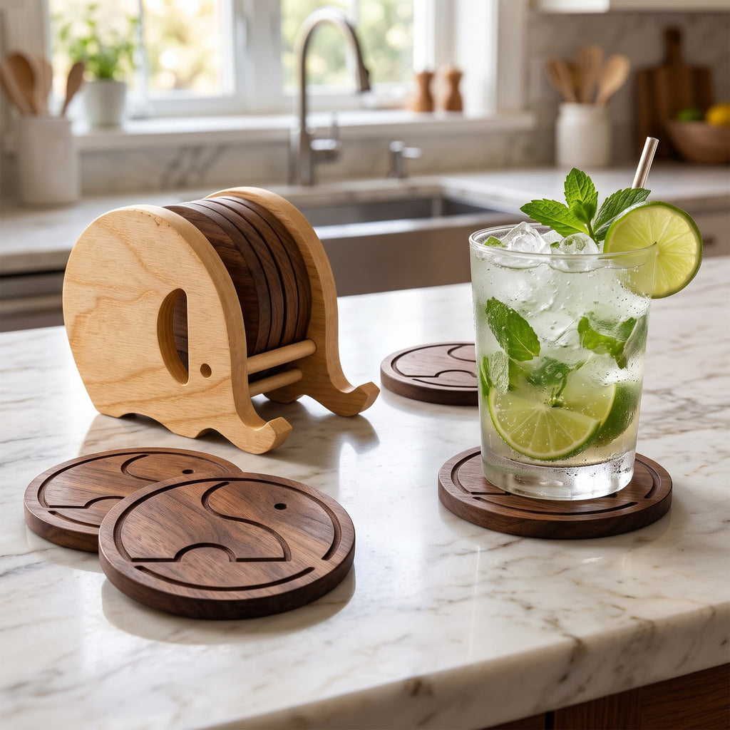 Elephant coaster set on a kitchen counter with a mojito cocktail