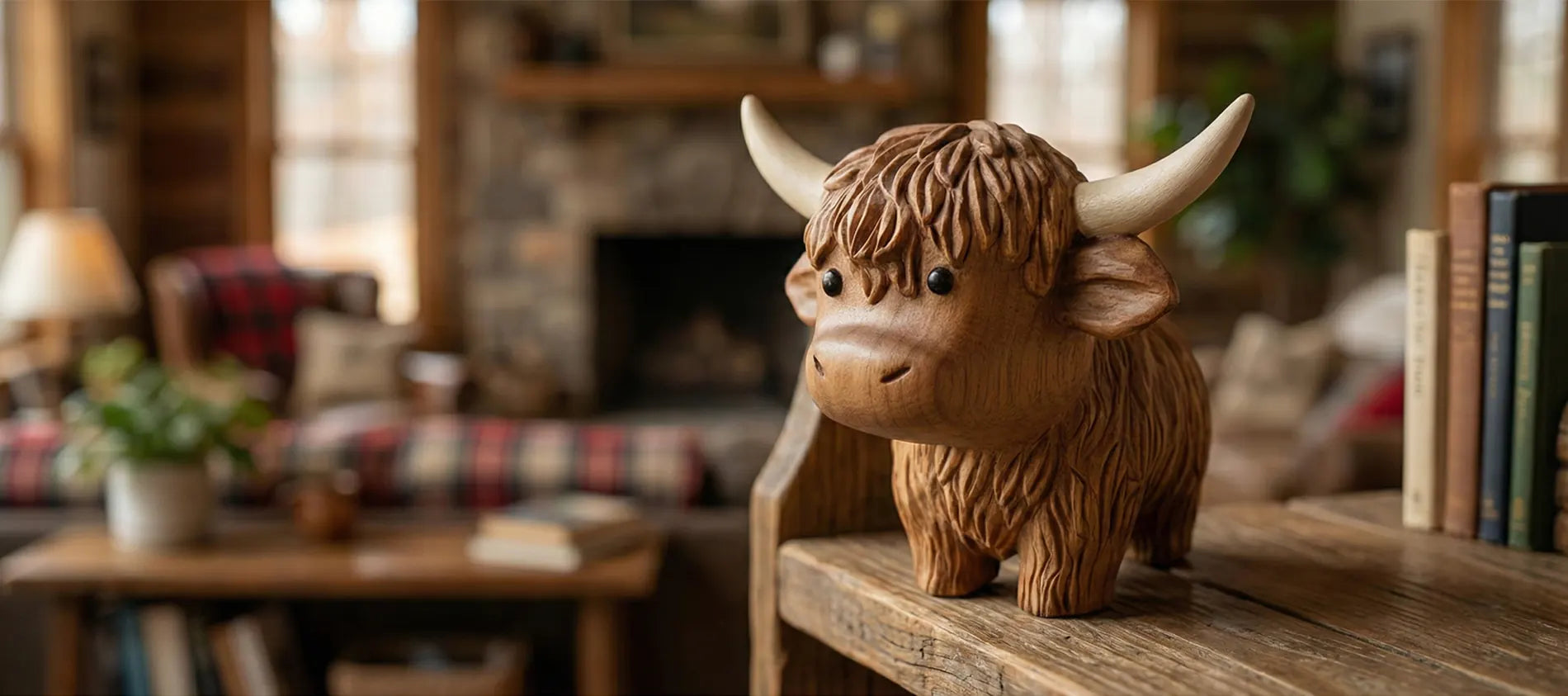 Close-up of BeeRusty Hamish, a hand-carved wooden Highland cow figurine standing on a rustic wooden shelf. Cozy farmhouse living room background with a fireplace. Unique wooden home decor gift