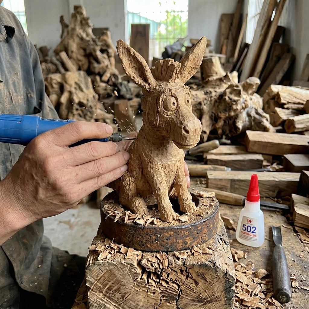 Wooden donkey culpture being worked on with a person using a tool in a workshop setting.