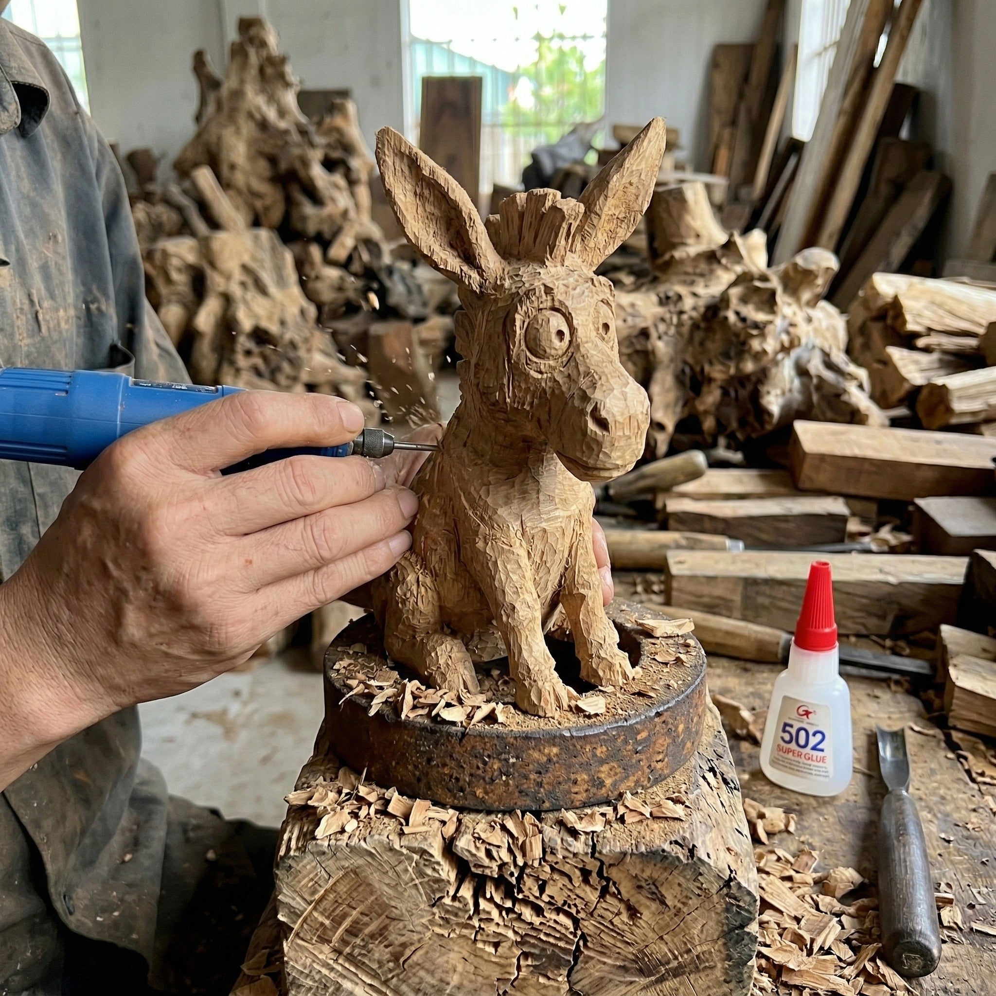 Wooden donkey culpture being worked on with a person using a tool in a workshop setting.