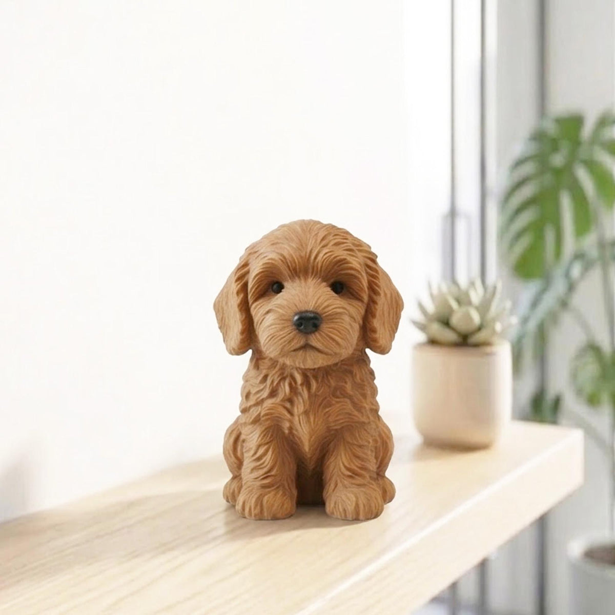 Wooden goldendoodle figurine on a shelf with succulent