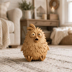 Wooden chick figurine close-up, textured feather carving