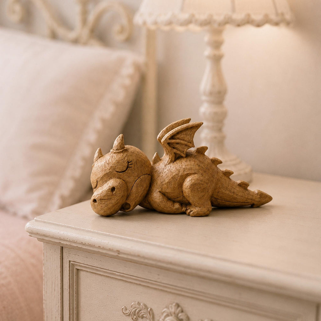 Wooden dragon figurine detail view