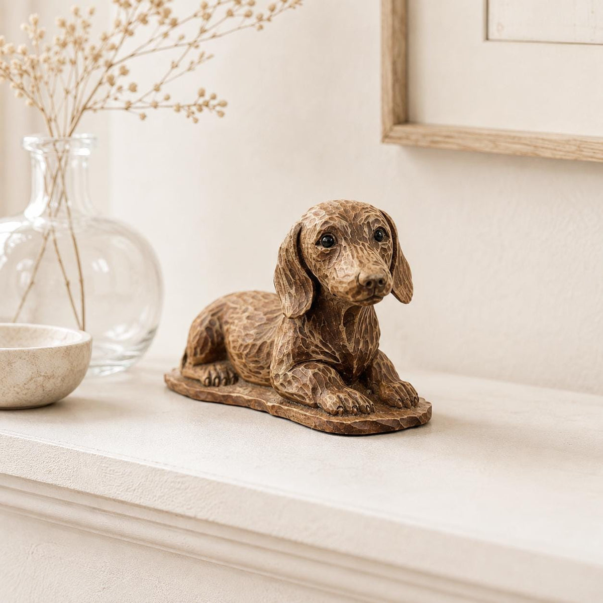 Wooden dachshund figurine lying position, detailed fur markings
