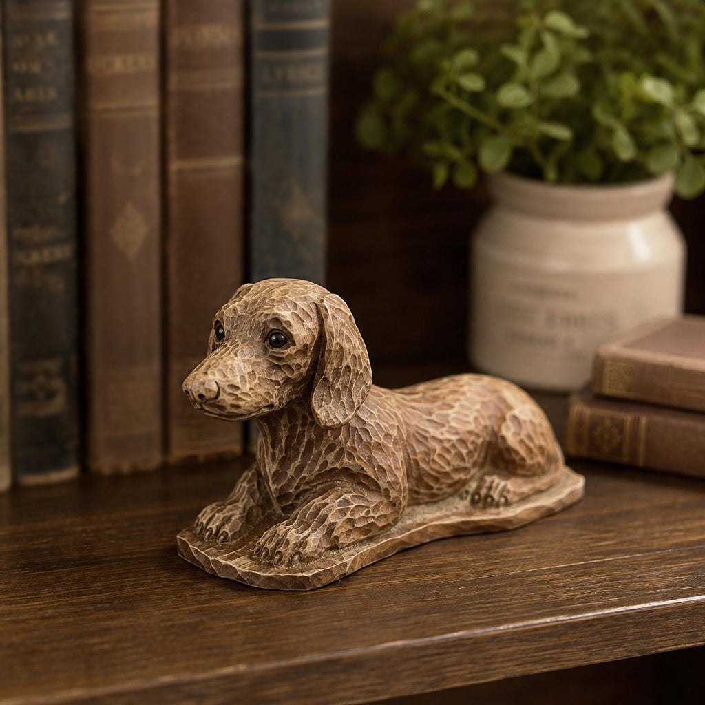 Wooden dachshund figurine, head turned, floppy ears